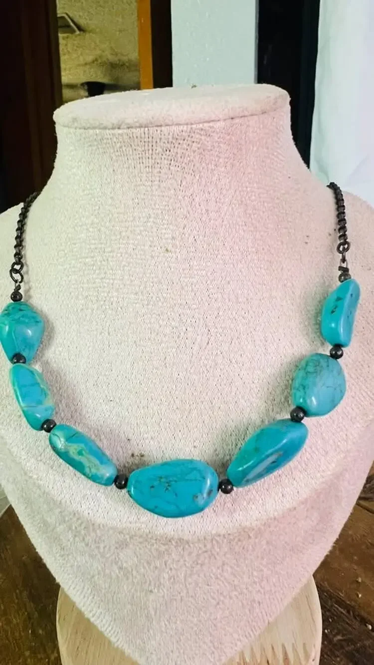 Turquoise Nugget and Black Bead Necklace